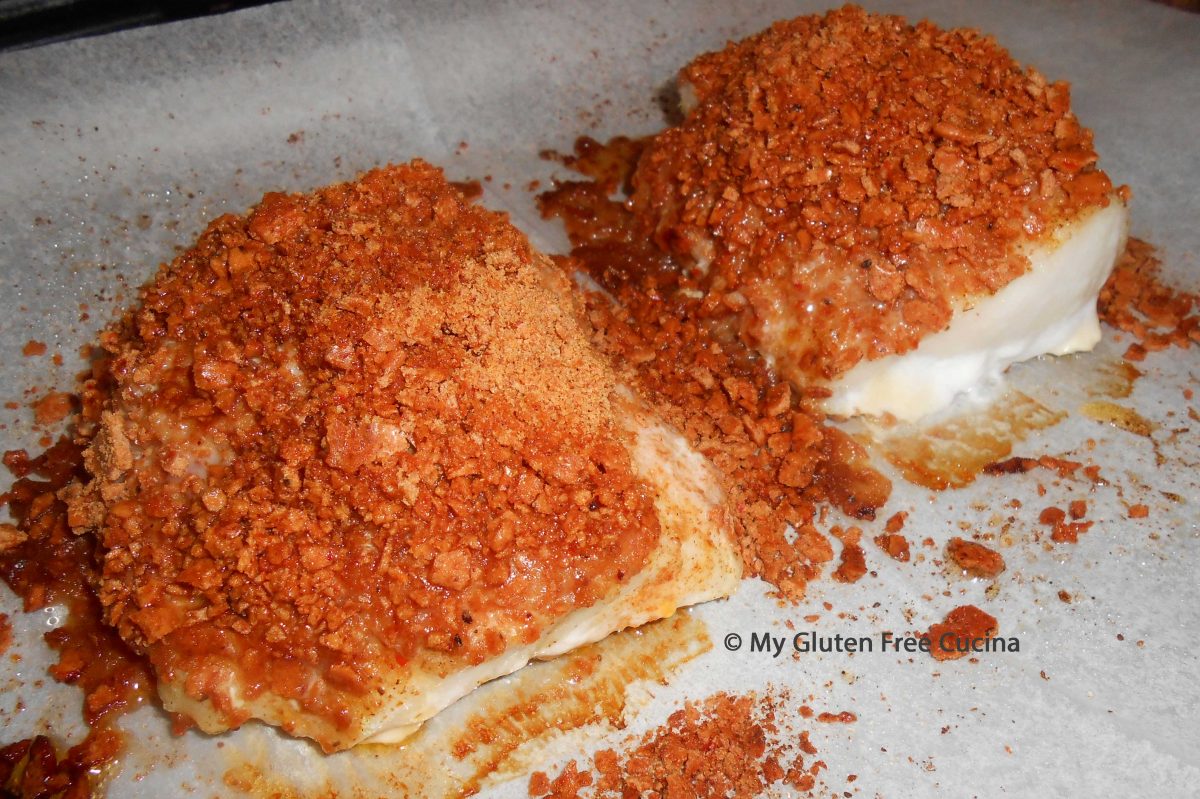 hake filet with rice cracker crust