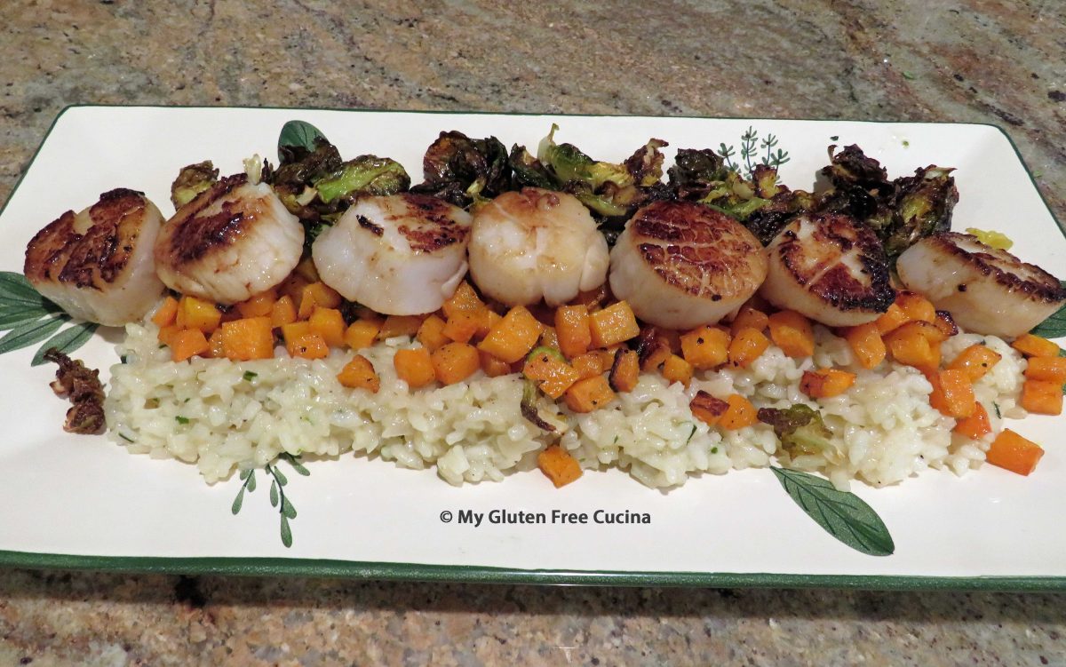 Jumbo Scallops with Risotto, Cubed Squash and Brussels Chips