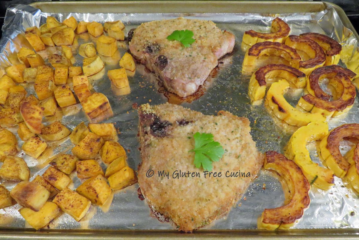 Sheet Pan Breaded Pork Chops, Sweet Potato and Delicata Squash