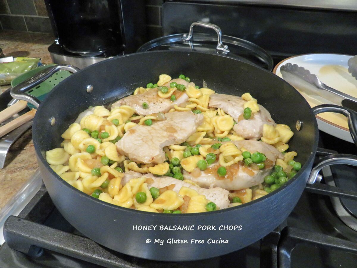 Gluten Free Honey Balsamic Pork Chops with Pasta and Peas